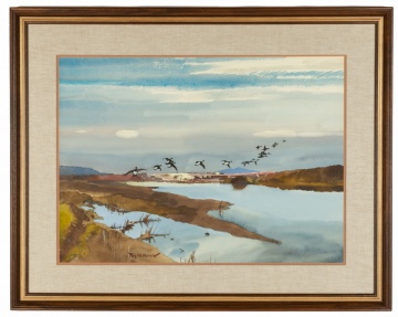 Roy Mason (American, 1886 - 1972) Geese Over a Pond