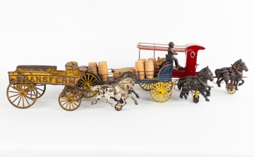 (3) Cast Iron Horse Drawn Delivery Wagon Toys