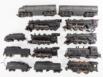 Group of Lionel and Ives O Gauge Toy Train Engines and Cars