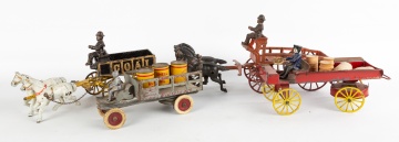 (2) Pressed Steel Delivery Trucks & (2) Cast Iron Horse Drawn Toys