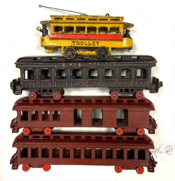 Vintage Cast Iron Train Cars & Trolley
