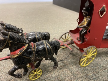 (3) Cast Iron Horse Drawn Delivery Wagon Toys