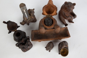 Group of Black Forest Carved Wood Thermometer, Inkwells and Figures