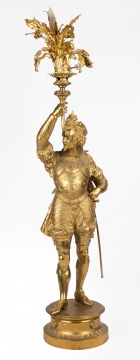Monumental Victorian Brass Figural Cavalier Newel Post