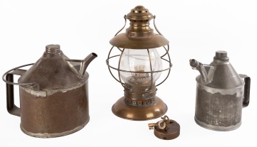 Railroad Lantern, Oil Cans and Lock