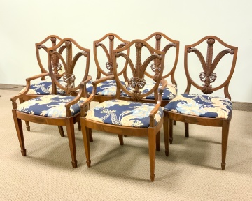Set of Six Carved Prince of Whales Feather Shield Back Dining Chairs