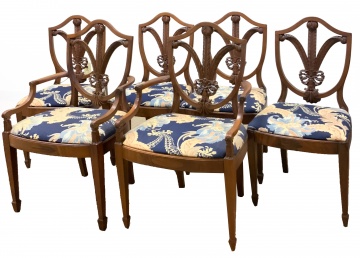 Set of Six Carved Prince of Whales Feather Shield Back Dining Chairs