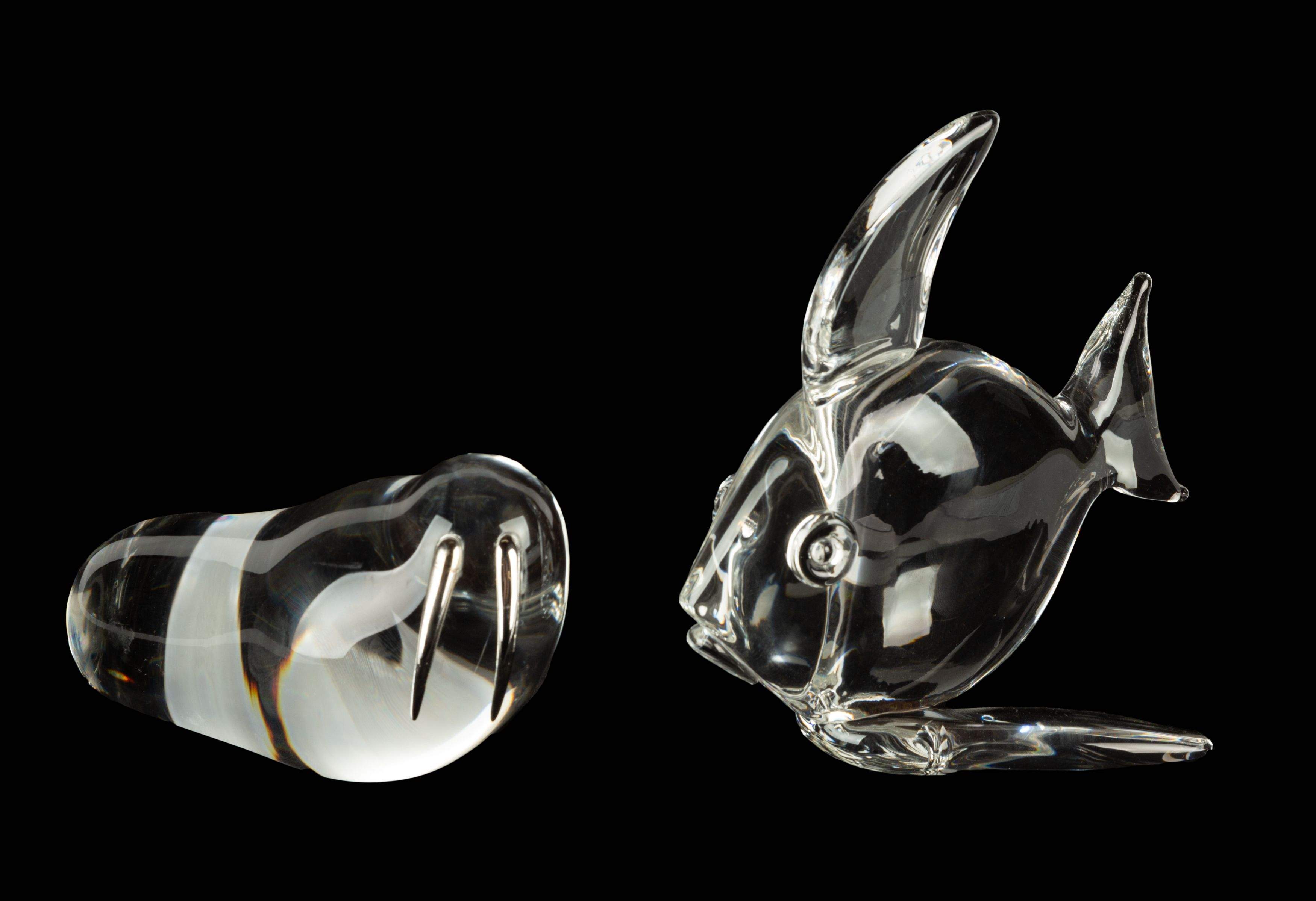 Steuben Large Tropical Fish & Walrus with Sterling Silver Tusks