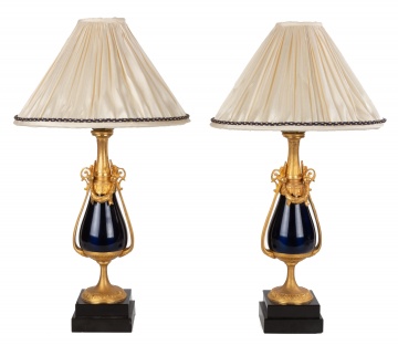 Napoleon III Ormolu, Belgian Marble and Blue Enameled Urn Lamps