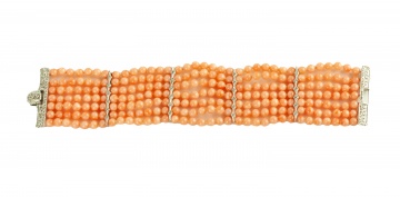 18K White Gold Pink Coral & Diamond 7-Strand Bracelet
