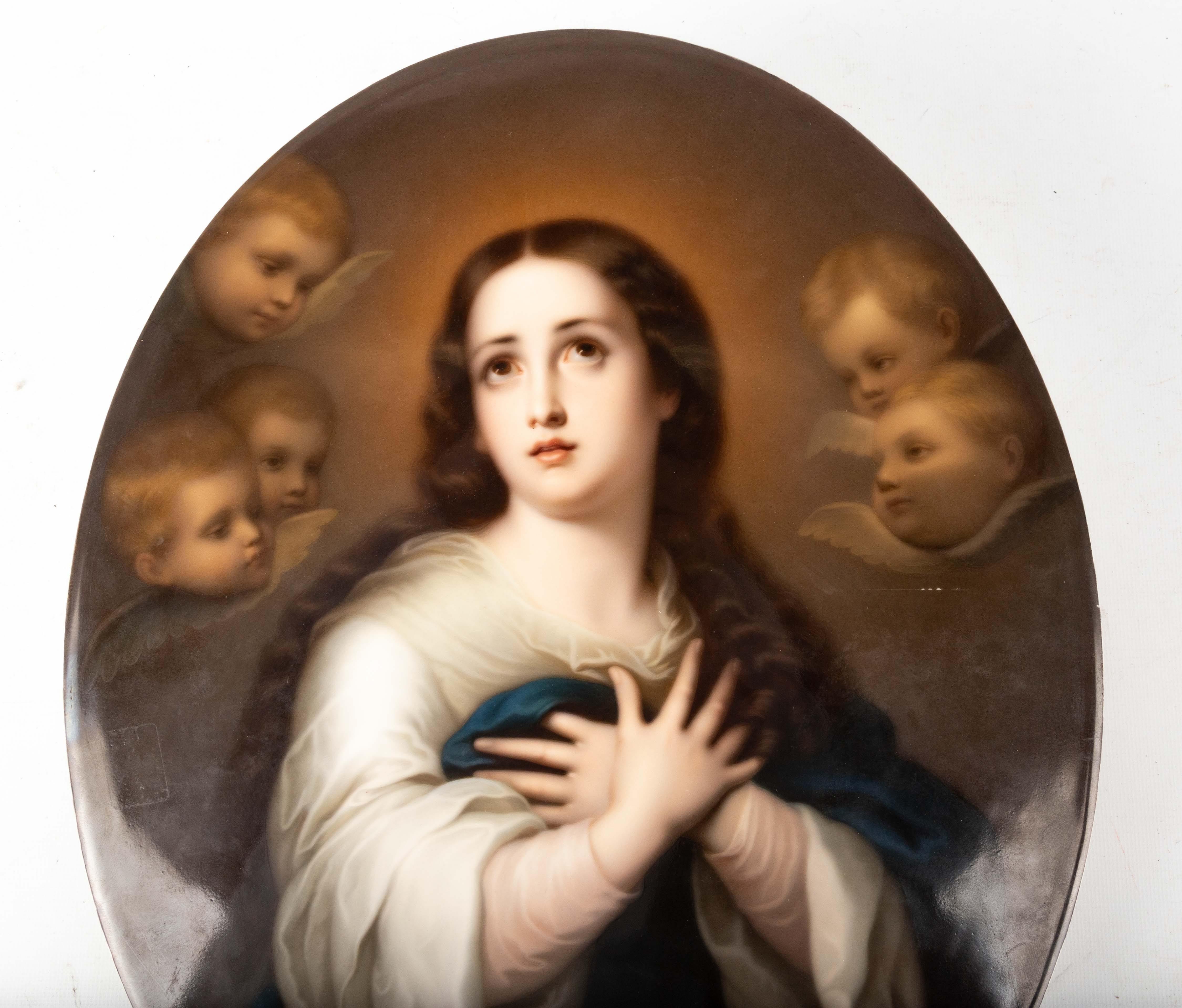 German Painted Porcelain Plaque of Madonna with Cherubs | Cottone Auctions