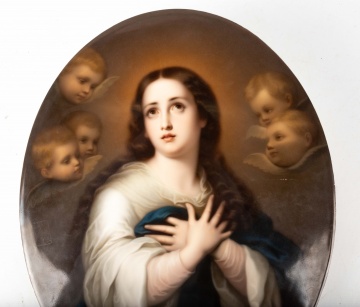 German Painted Porcelain Plaque of Madonna with Cherubs