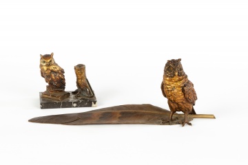 Bergman Bronze Owl Inkwell with Quill Pen Tray & Patinated Metal Inkwell