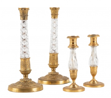 Two Pair of Gilt Bronze & Baccarat Crystal Empire Style Candlesticks