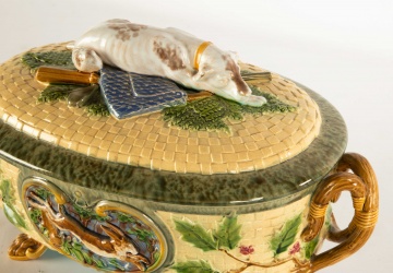 Minton Majolica Game Pie Dish with Gun and Dog
