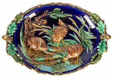 French, Sarreguemines Majolica Quail Platter