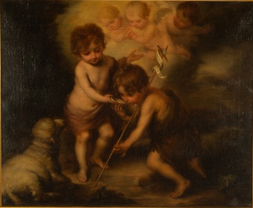 Attributed to Giuseppe Mazzolini (Italian, 1806-1876) "The Infant Christ and Saint John the Baptist with a Shell" after Bartolome Esteban Murillo