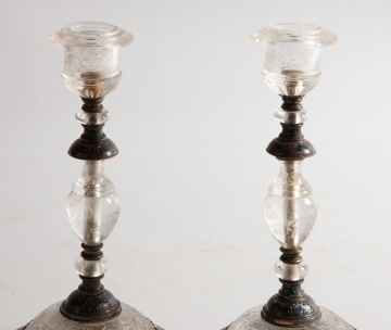Pair of Early Austrian Silver Mounted Rock Crystal and Enameled Candlesticks