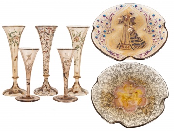 Émile Gallé Islamic Acid Etched and Enameled Glass Stemware & Plates