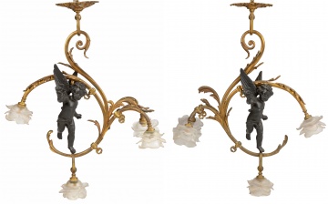 Pair of French Bronze & Parcel Gilt 4 Light Hanging Fixtures
