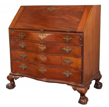 Fine & Rare Chippendale Figured Mahogany Serpentine and Blocked-End Slant-Front Desk
