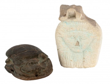 Egyptian Faience Scarab Beetle and Amulet