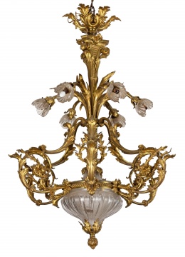 French Rocco Gilt Bronze Rock Crystal Chandelier