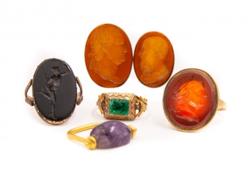 Egyptian Swivel Scarab, Antique Intaglios, and Emerald Ring