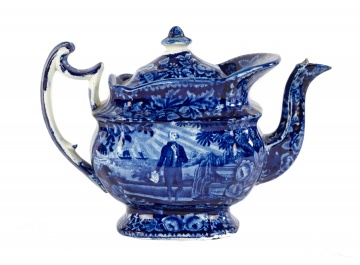 Historic Blue Staffordshire Teapot, Washington with Scroll In Hand
