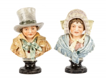 German Majolica Pottery Busts, Young Man & Woman