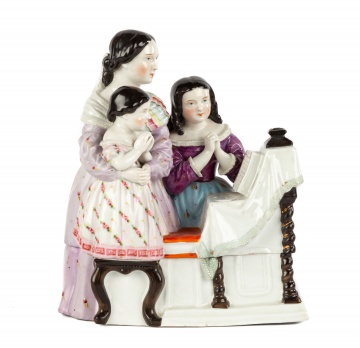 German Porcelain Pottery Inkwell with Mother & Daughters Praying at Altar