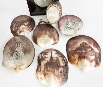 Group of 19th Century Carved Mother of Pearl Shells & Ostrich Egg