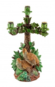 Hugo Lonitz Majolica Partridge Candelabras
