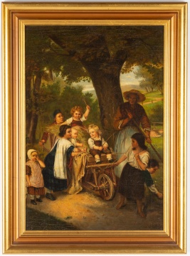 L. Schungel (19th Century) Farm Scene with Children & Wheel Barrow