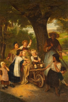 L. Schungel (19th Century) Farm Scene with Children & Wheel Barrow