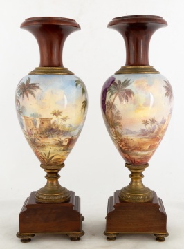 Pair French Hand Painted Enameled Vases