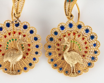 Indian Gold and Enameled Peacock Earrings