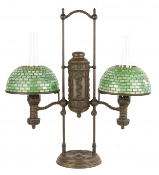 Tiffany Studios, New York Double Student Lamp with Leaded Glass Shades
