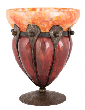 Charles Schneider Art Glass Vase with Wrought Iron Mount