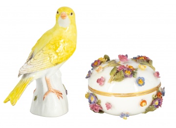 Meissen Figurine of Yellow Canary & A Floral Dresser Box