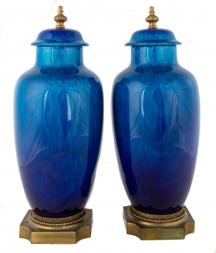 Pair of French Sèvres Porcelain Cobalt Blue Covered Vases