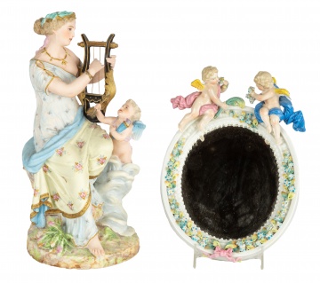 Bisque Lady with Harp and Cherubs with Porcelain Mirror