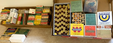 Group of Empty Ammo Boxes, Winchester, Western, Peters Rifle and Brass Shotgun Shells