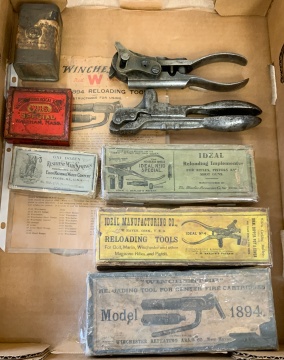 Group of Bullet Molds, Advertising Boxes, and Tins