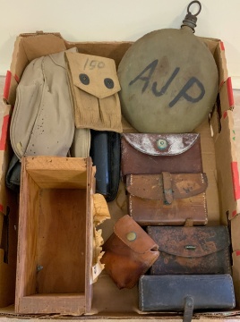 Group of Buttons, Belt Buckles, Match Safe, Coin Purse, Telegraph Ticker, Group of Leather Pouches, Canteen, Holsters, Slings, & Remnants & Military Items