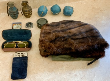 Group of Fur Hats, Compasses, Dummy Grenades & Hand Warmer