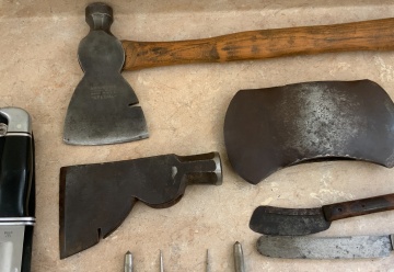 Two Winchester Hatchets, Winchester Double Bit Axe, Buck Straight blade Knife and Group of Cutlery 