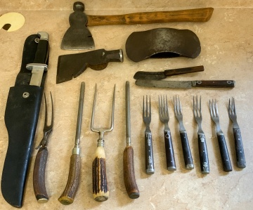 Two Winchester Hatchets, Winchester Double Bit Axe, Buck Straight blade Knife and Group of Cutlery 