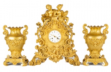 F Delaunoy, Paris Gilt Bronze Clock & Garnitures