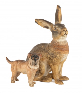 Life Size Terra Cotta Rabbit and Bulldog